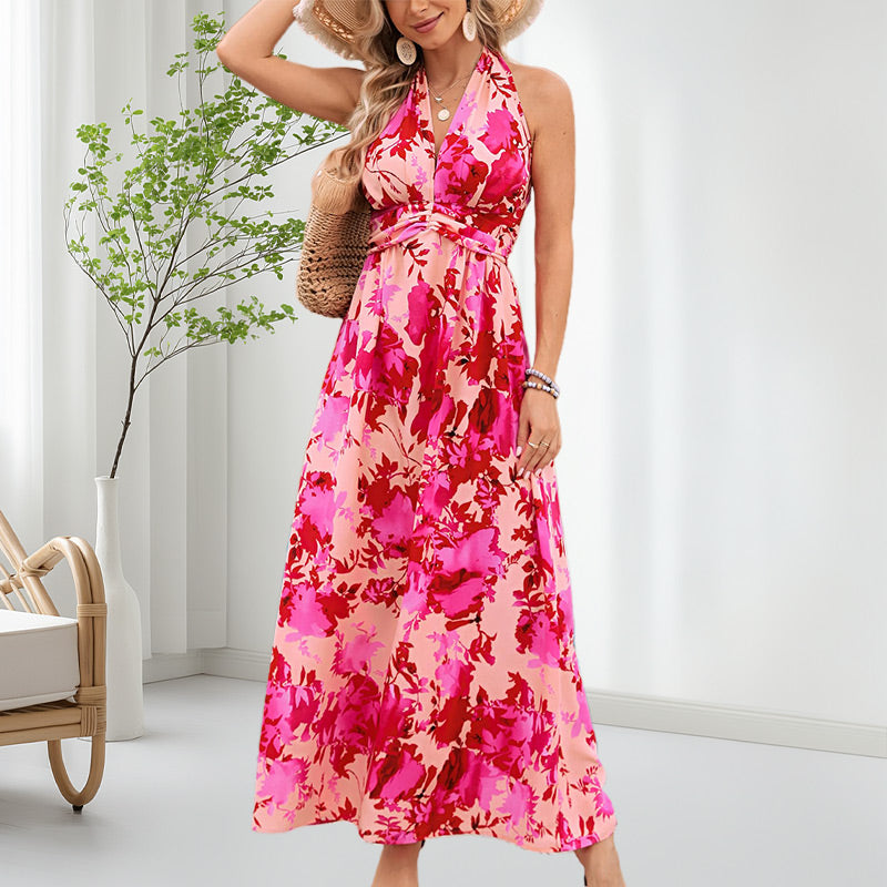 Women's Boho Floral Strap V Neck Halter Dress | cefactum.com