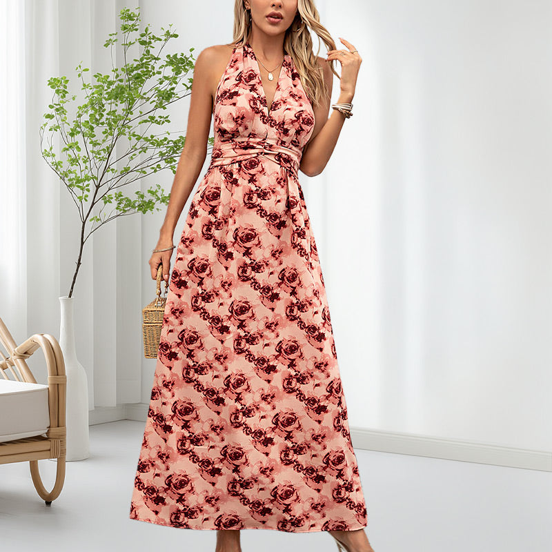 Women's Boho Floral Strap V Neck Halter Dress | cefactum.com