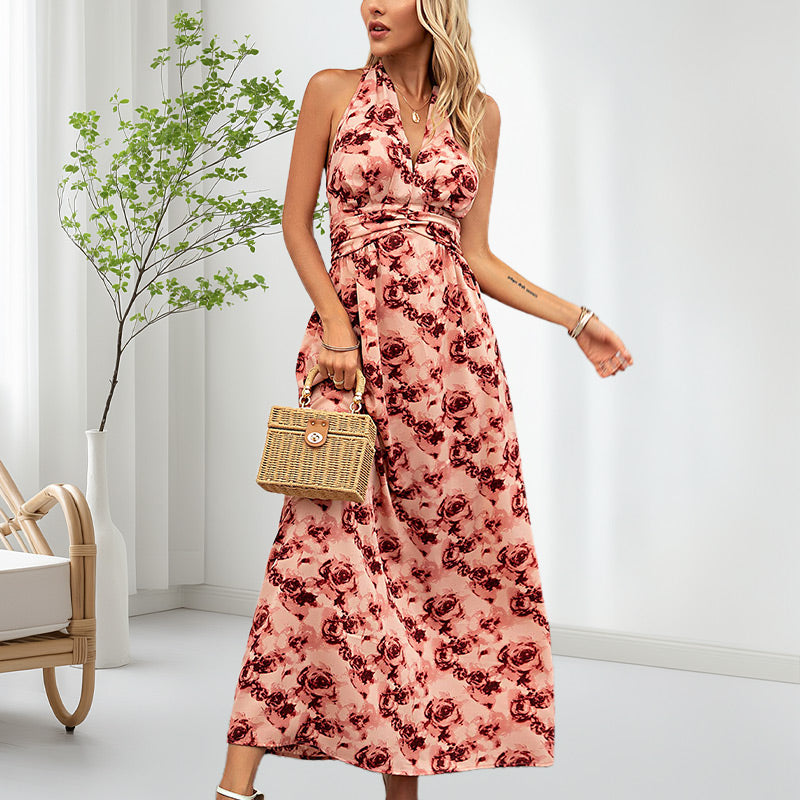 Women's Boho Floral Strap V Neck Halter Dress | cefactum.com