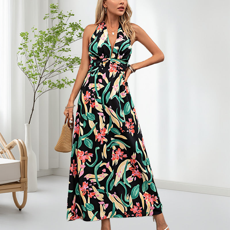 Women's Boho Floral Strap V Neck Halter Dress | cefactum.com