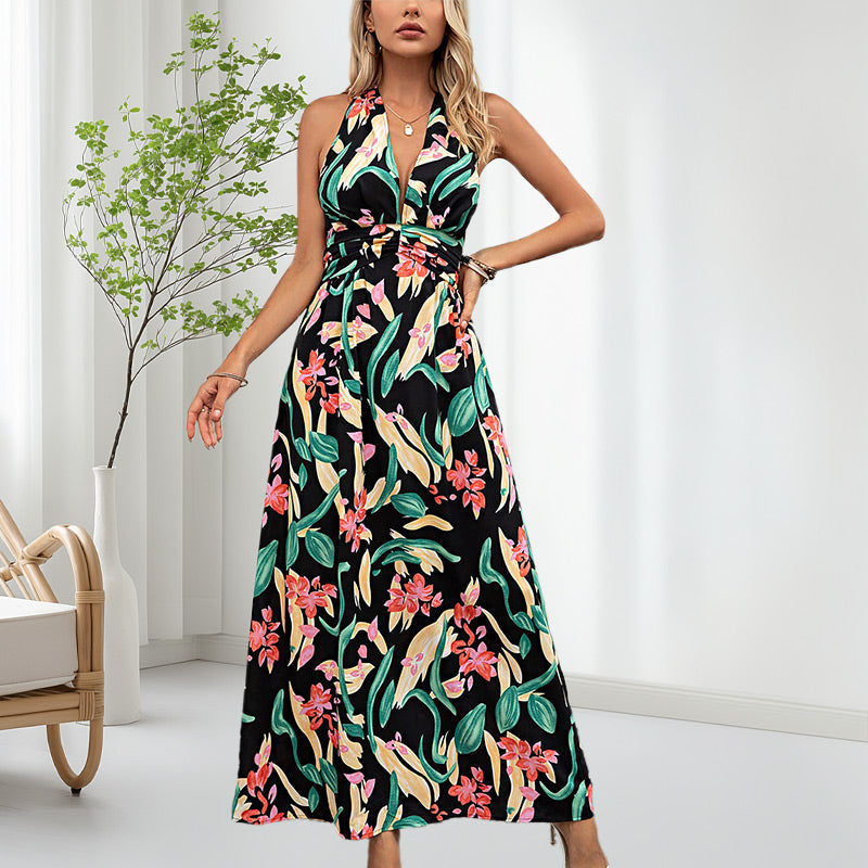 Women's Boho Floral Strap V Neck Halter Dress | cefactum.com