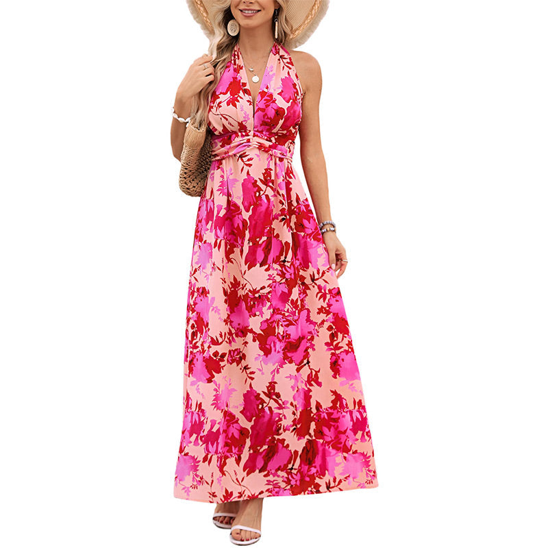 Women's Boho Floral Strap V Neck Halter Dress | cefactum.com