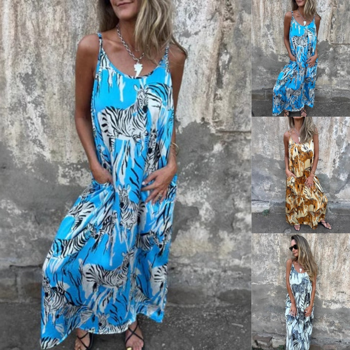 Women's Printed Spaghetti Strap Backless Dress - cefactum.com