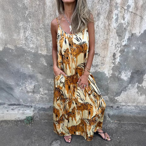 Women's Printed Spaghetti Strap Backless Dress - cefactum.com