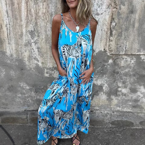 Women's Printed Spaghetti Strap Backless Dress - cefactum.com