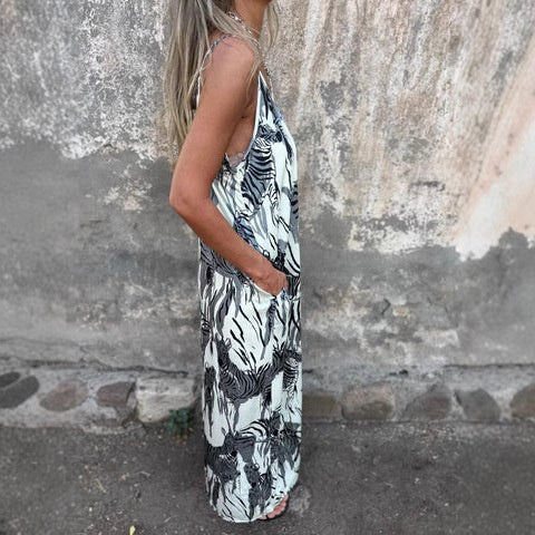 Women's Printed Spaghetti Strap Backless Dress - cefactum.com